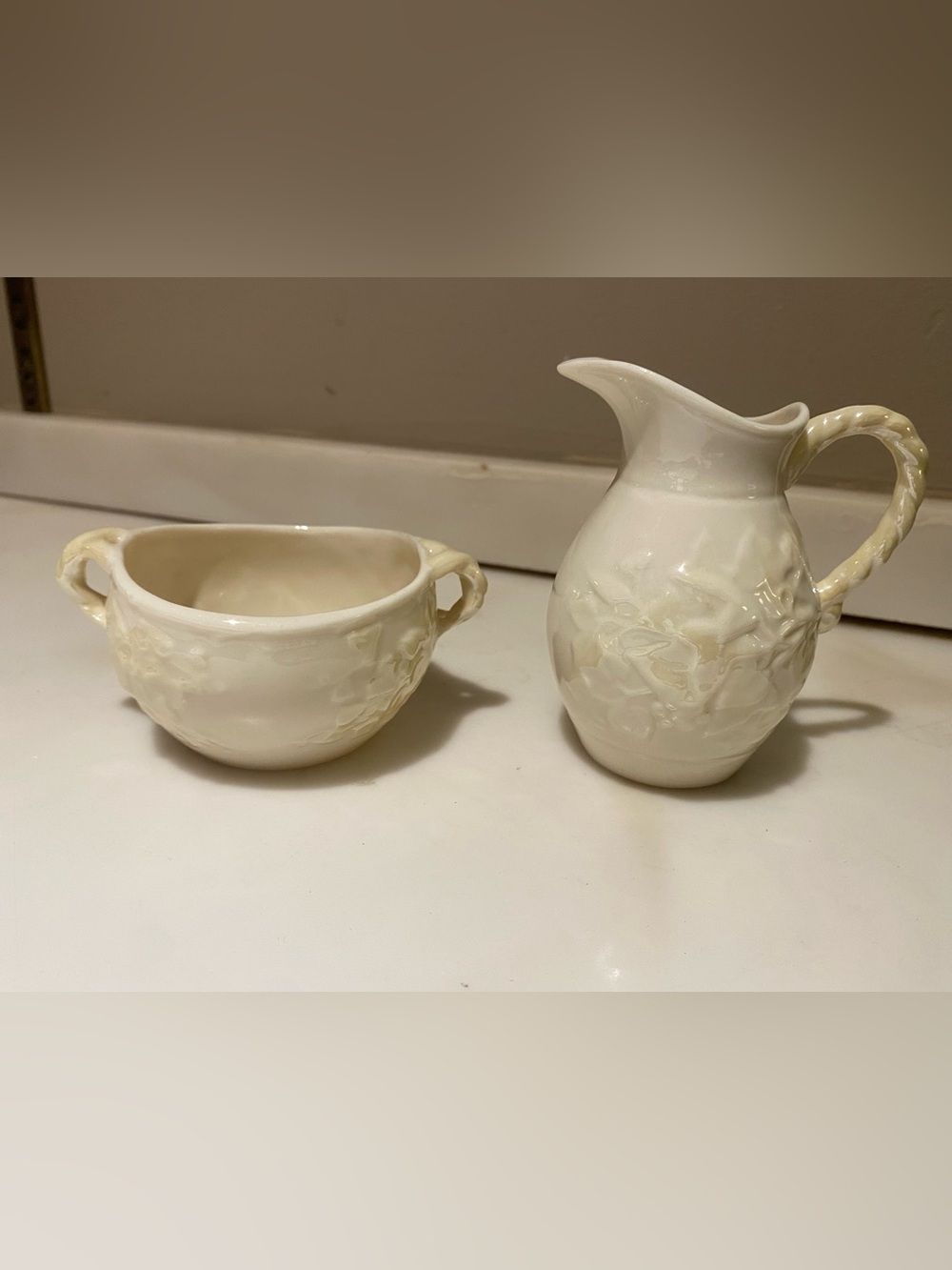 *Vintage* BELLEEK Ireland "Ivy" Creamer and Open Sugar Bowl Set - 7th Gold Mark